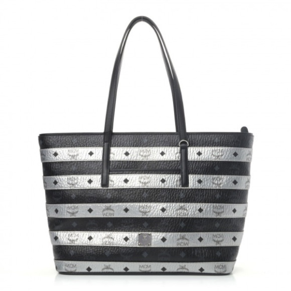 MCM Metallic Visetos Striped Medium Anya Shopper Tote Black Silver EUC